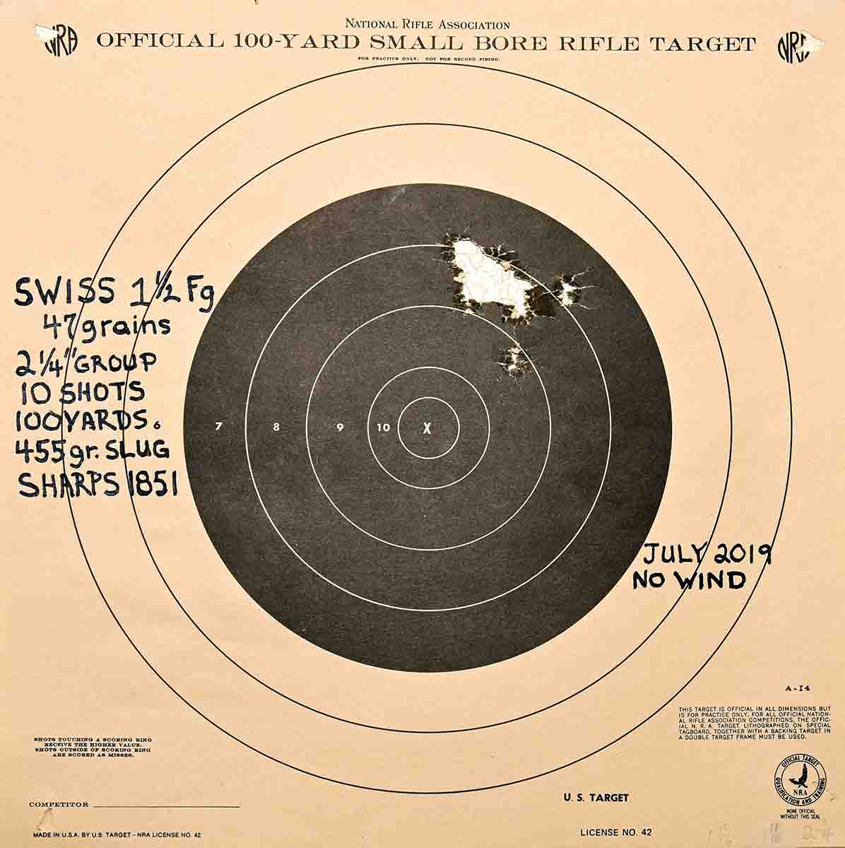 Swiss was used for this spectacular ten-shot carbine group. This is definitely the best powder for this gun.